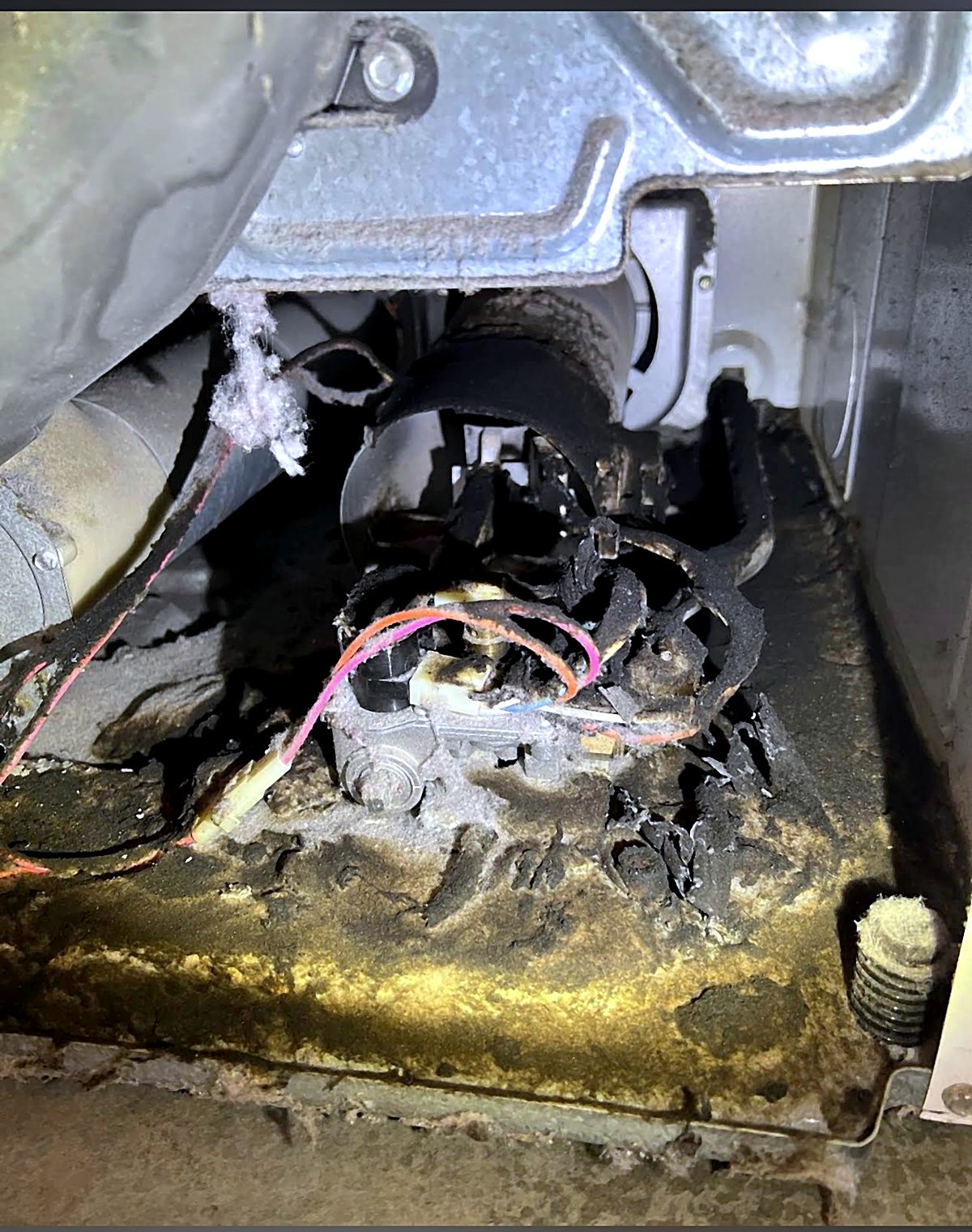 Inside a dryer cabinet: heat-damaged wiring and motor, with lint collected around the parts