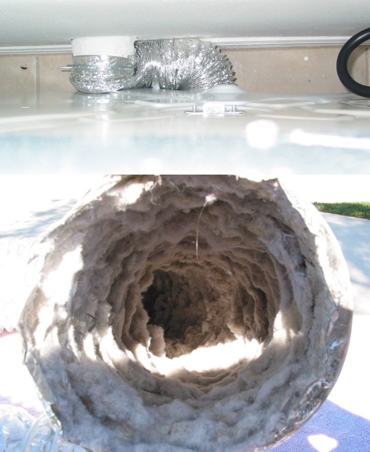 Crushed flexible clothes dryer vent hose with accumulated lint inside